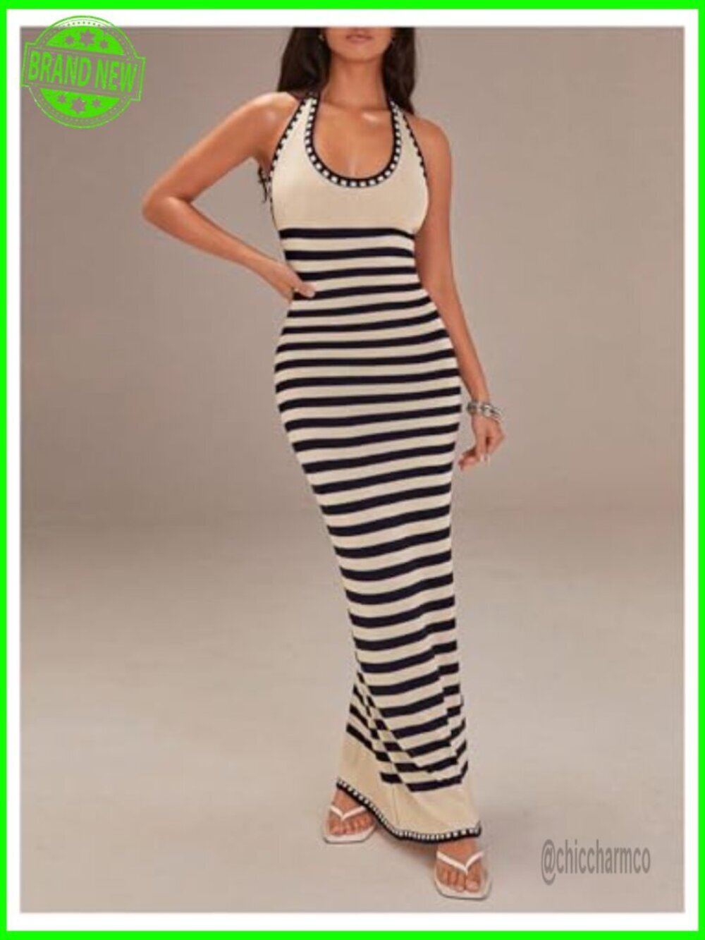 Striped Halter Knitted Maxi Bodycon Dress Sleeveless Summer - Picture 5 of 5